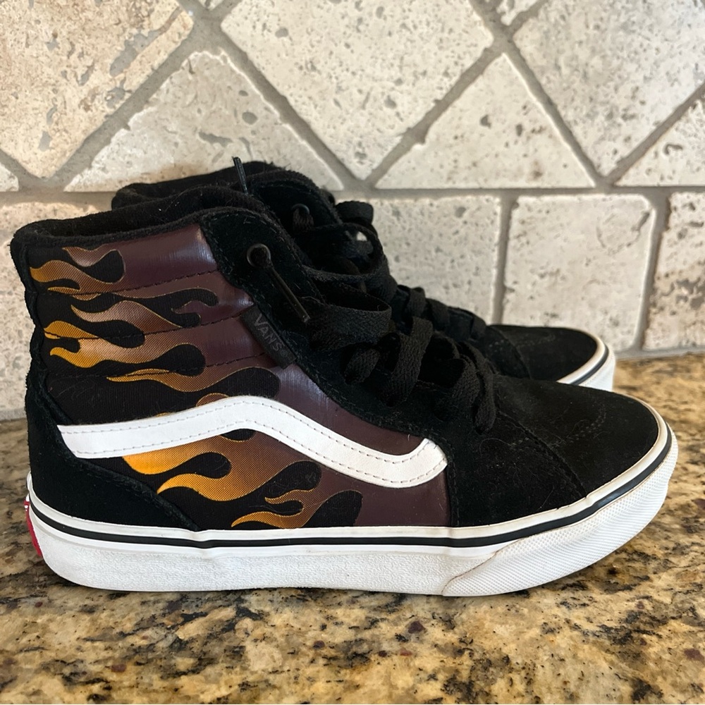 Barely Worn Vans Kids Black and Orange Flame High-Tops